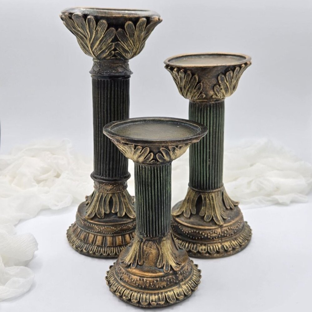 Set of 3 Roman Style Candlesticks | Vintage Green & Gold Pillar Candle Holders